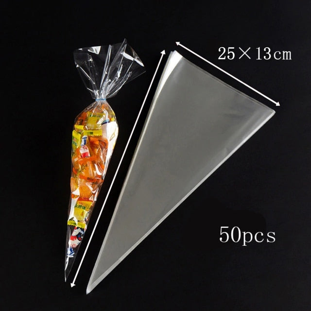Popxstar Valentine's Day 50pcs Baby Shower Wedding Sweet Clear Candy Cone Storage Bags Kids Gift Bags Happy Birthday Party Candy Bags Supplies
