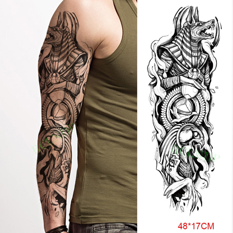 Popxstar Teenagers over Knee Tattoo Men Small Men's Tattoos Waterproof Temporary Tattoo Sticker Anubis Ancient Egypt Dog Roma Clock Eye Full Arm Fake Tatto Flash Tatoo Sleeve for Men Women