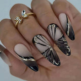 24Pcs Almond False Nails with Glue Wearable Stiletto Fake Nail Butterfly Design French Press on Nail Tips Full Cover Fingernails