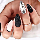 24Pc Stiletto French False Nails Black Edge Designs Fake Nail with Rhinestone Almond Full Cover Nail Tips Wearable Press on Nail