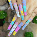 24Pcs Easter Long Coffin False Nails with Rabbit Chicken Designs Wearable Multicolor Ballet Press on Nails Full Cover Nail Tips