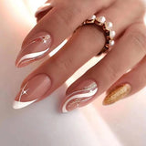24Pcs Almond False Nails with Glue Wearable Stiletto Fake Nail Butterfly Design French Press on Nail Tips Full Cover Fingernails