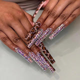 24Pcs False Nails Long Ballet Fake Nails with Rhinestone Leopard Design Press on Nails Wearable Coffin Nails Manicure Tools