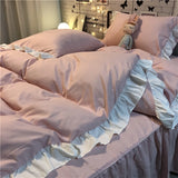 Popxstar Korean Princess Style Pink Four-Piece Lace Duvet Cover Sheet Single-Piece Washed Cotton Cute Girl Heart Bed Sheet