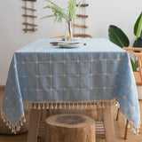 Popxstar Japan Cotton Linen Tablecloth Blue Stripes Pure Plaid Embroidered Rectangular Christmas Table Cloth Thickened Cover for Banquet