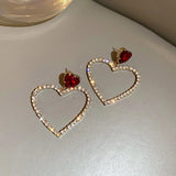 Popxstar Korean Fashion Jewelry Shining Rhinestone Hollow Heart Drop Earrings for Women Girls Vintage Red Crystal Earrings
