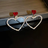 Popxstar Korean Fashion Jewelry Shining Rhinestone Hollow Heart Drop Earrings for Women Girls Vintage Red Crystal Earrings