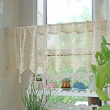 popxstar Thread Crocheted Hollow Curtains for Living Room, Tassel, Short Window Curtains for Kitchen, Home Decor, Beige, Cafe Curtain
