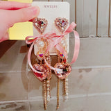 Popxstar Korean Luxury Elegant Yarn Bowknot Heart Crystal Long Tassel Drop Earrings For Women Girls Holiday Party Jewelry