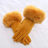 Popxstar Female Faux Rabit Fur Suede Leather Touch Screen Driving Glove Winter Warm Plush Thick Embroidery Full Finger Cycling Mitten H92