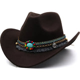 Popxstar Wool Women's Men's Western Cowboy Hat For Gentleman Lady Jazz Cowgirl With Leather Cloche Church Sombrero Caps