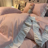 Popxstar Korean Princess Style Pink Four-Piece Lace Duvet Cover Sheet Single-Piece Washed Cotton Cute Girl Heart Bed Sheet