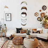Popxstar 5 PCS Wooden Acrylic Moon Wall Decorative Mirror Moon Cycle Variation Decorative Wall Mirror Creative Bohemian Mirror