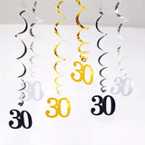 Popxstar 6pcs/pack Spiral 18 21 25 30 40 50 60 70 80 90 Years Old Birthday Swirls Hanging Ornaments Black Gold Silver birthday Decor