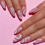 Popxstar 24Pcs/Box Detachable False Nail Almond Pink Wavy Style Butterfly Long French Square Fake Nail Decal Tip Full Cover Manicure Tool