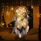 Popxstar Dream Catcher With LED String Hollow Hoop Heart Shape Pendant Feathers Handmade Night Light Wall Hanging Home Decor Gift