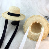 Popxstar Summer Women Beach Raffia Black White Ribbon Hat Bow Raffia Hat Temperament Flat Cap Straw Hats Women's Seaside Hat