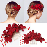 Popxstar 1Pcs Fashion Red Flower Hair Comb Bridesmaid Crystal Hair Clip Bridal Hairpin Wedding Hair Jewelry For Women Party Hairband Gift