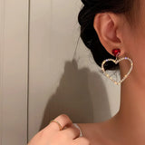 Popxstar Korean Fashion Jewelry Shining Rhinestone Hollow Heart Drop Earrings for Women Girls Vintage Red Crystal Earrings