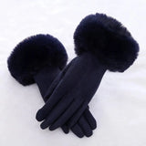 Popxstar Female Faux Rabit Fur Suede Leather Touch Screen Driving Glove Winter Warm Plush Thick Embroidery Full Finger Cycling Mitten H92