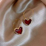 Popxstar Korean Fashion Jewelry Shining Rhinestone Hollow Heart Drop Earrings for Women Girls Vintage Red Crystal Earrings