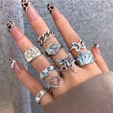 Popxstar  Vintage Silver Color Heart Chain Butterfly Rings Set for Women Men Punk Poker Flower Finger Rings Trend Jewelry Party