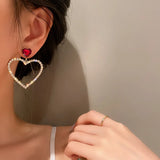 Popxstar Korean Fashion Jewelry Shining Rhinestone Hollow Heart Drop Earrings for Women Girls Vintage Red Crystal Earrings
