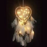 Popxstar Dream Catcher With LED String Hollow Hoop Heart Shape Pendant Feathers Handmade Night Light Wall Hanging Home Decor Gift