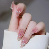 Popxstar 24Pcs Three-dimensional Love Heart False Nails with French Design Long Coffin Wearable Fake Nails Rhinestone Press on Nails Tips
