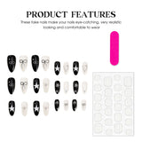 Popxstar  White Almond Press On Nails 24Pcs Black Wearable Full Cover Fake Nails Silver Star Bowknot Printed Y2K Girls Charm False Nails