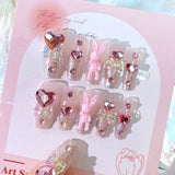 Popxstar Blush Pink False Nails Bowknot Diamond Pearl 3D Design Press on Nail Tips with Harmless Smooth Edge Nails Woman DIY Fake Nails