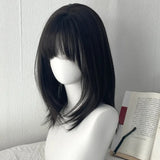 Popxstar Y2K Wig for Women Black Medium Long Straight Hair Natural Simulation Daily Use Wig with Bangs Short Hair Bob Wig