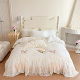Popxstar  Butterfly Embroidery Lace Ruffles Princess Bedding Set Warm Velvet Duvet Cover Bed Sheet/Bed Skirt/Fitted Sheet Pillowcases 4Pcs