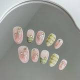 Popxstar 10Pcs Short Handmade Pink Press on Nails Spring French Rhinestone Full Cover Fake Nail Plaid Manicure Wearable Nail Tips Art