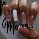Popxstar 24pcs Solid Color Nail Fake Simple Love Design Mid-length Ballet False Nail Tips Red Wearable Lines Square Press on Nails Art