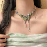 Popxstar  Y2K Hot Girl Green Butterfly Necklace Imitation Crystal Beaded Tassel Collarbone Chain Exquisite Fashionable Neckband Girls Gift