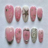 Popxstar  30Pcs Blush Pink False Nails Y2K Girls Charms Manicure Almond Press On Nails Silver Star Designers Full Cover Fake Nails Art