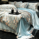 Natural Silk Bedlinens Bedding Set Nordic Flower Printed Duvet Cover Set Couple Double King Queen Size Soft Bed Sheet Pillowcase