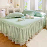 Popxstar shabby chic Princess Style Lace Bed Skirt + Pillowcases Bedding Bedspreads Sheet Pink Lace Bedding Set Solid color Bed For Girl Bed Cover