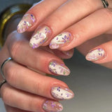 Popxstar 24pcs Short Almond Wearable False Nail Tips Lines Bow Rhinestones Design Fake Nail Art Cute Pink Love Pearl Press on Nails Set