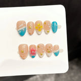 24pcs Exquisite 3D Floral Press on Nails Gold Lined Design Nail Sculpture Flower Nails Full Cover Manicure Almond Nail for Girls