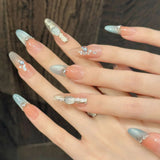 Popxstar  10pcs Blue Diamond Handmade Fake Nails Tips Ocean French Long Oval False Nail Art Fashion Cat's Eye Press on Nails Sets Finished