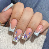 Popxstar 24pcs Glitter Short Square Fake Nails Sets Rhinestones French Design False Nail Tips Reusable Pink Press on Nails Tips Manicure