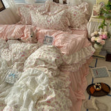Popxstar  New Korean Princess Style Floral Ruffles Bedding Set Skin-friendly Soft Duvet Cover Set Bed Sheet Or Bed Skirt Pillowcases