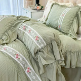 French Romantic Lace Bubble Gauze Bedding Set Queen Elegant Princess Style Embroidered Duvet Cover Set Ruffled Quilt Cover Sets