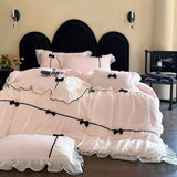 Popxstar Romantic Lace Princess Black Bow Bedding Set Pink Korean Style Duvet/Comforter Cover Set Bed Sheet/Fitted Sheet Pillowcases 4Pcs