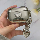 Popxstar  Electroplated Silver Soft TPU Case For AirPods 4 3 Pro 2 1 Mirror Plating Earphone Protective Cover Heart Keychain Accessories