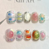 Popxstar  10pcs Sequins Full Cover Nail Tips Short Square Handmade False Nail Art Pearl Bow Design Press on Nails Reusable Round Fake Nail