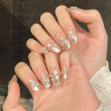 Popxstar  10pcs Cat's Eye Handmade Fake Nail Art Spring Summer Mid-length Oval False Nails Tips Purple Flower Pearl Design Press on Nails