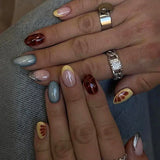 Popxstar  24pcs Leopard Print French Fake Nails Tips Yellow Short Oval False Nail Art Wearable Flower Almond Press on Nails Sets Finished